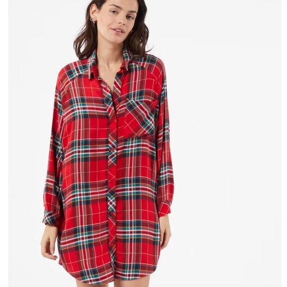 Stars Above 100% Cotton Perfectly Cozy Flannel Red Plaid Long Sleeve Sleep Shirt - Picture 1 of 8